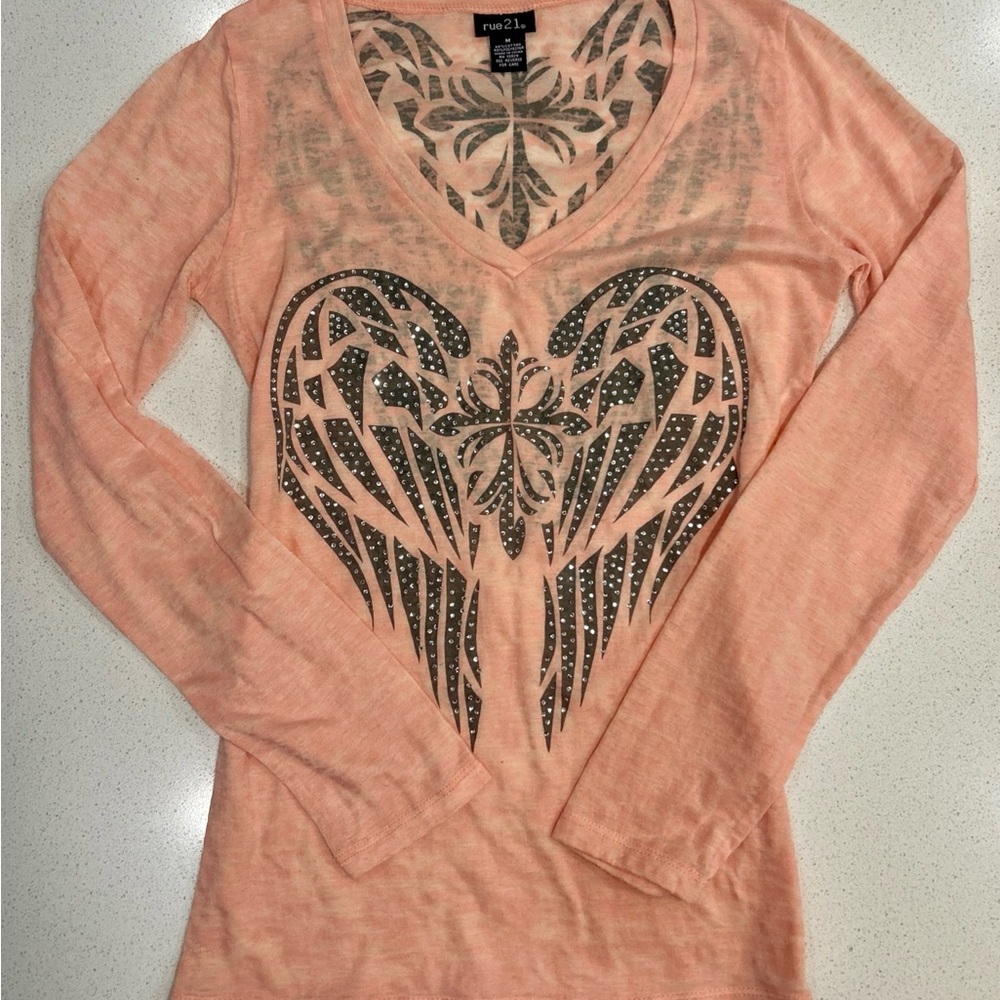 Rue21 Peach Long Sleeve Top with Graphic Design
